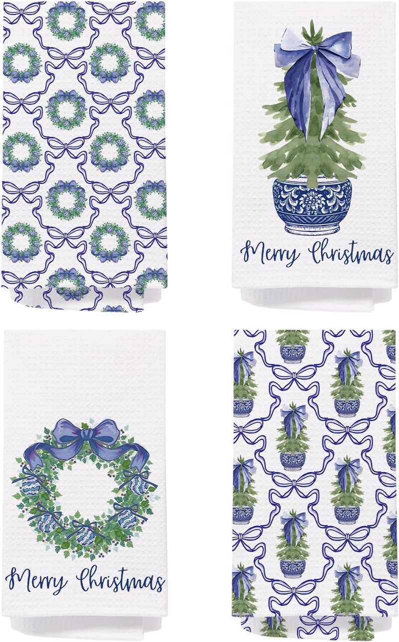 SPBL&L Chinoiserie Christmas Kitchen Towels,Blue Bow Coquette Christmas Tree Dish Towels for Kitchen Bathroom, Blue Christmas Hand Towels for Kitchen,Grandmillennial Decor,16x24 Inches Set of 4 - Image 1